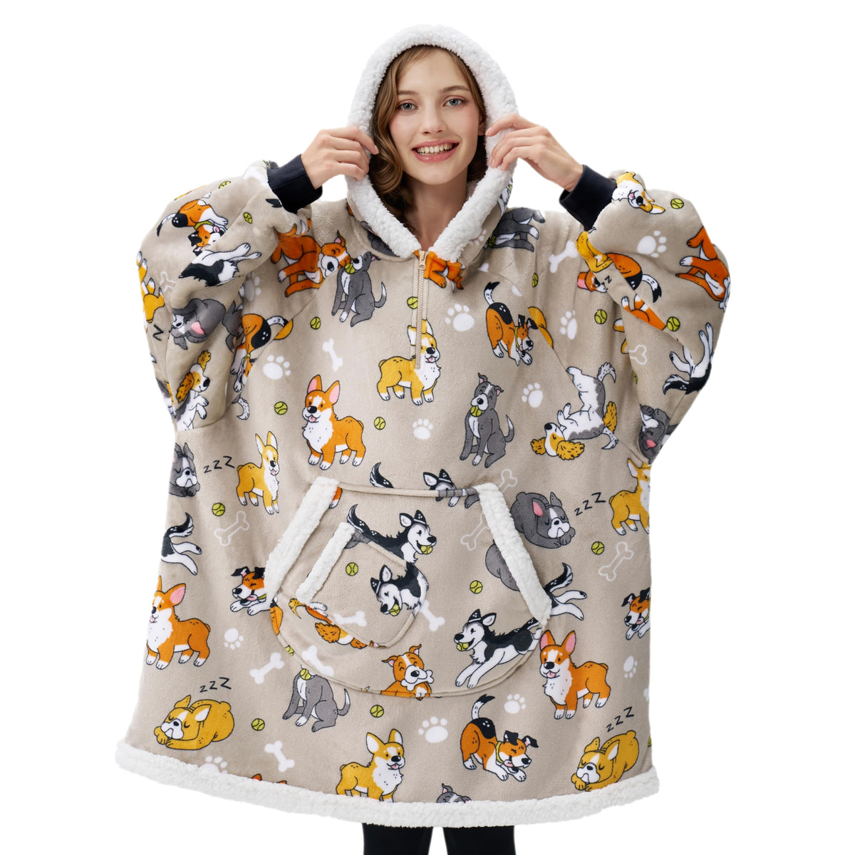 Giggling Getup front view showing grey dog print and oversized fit for cozy lounging