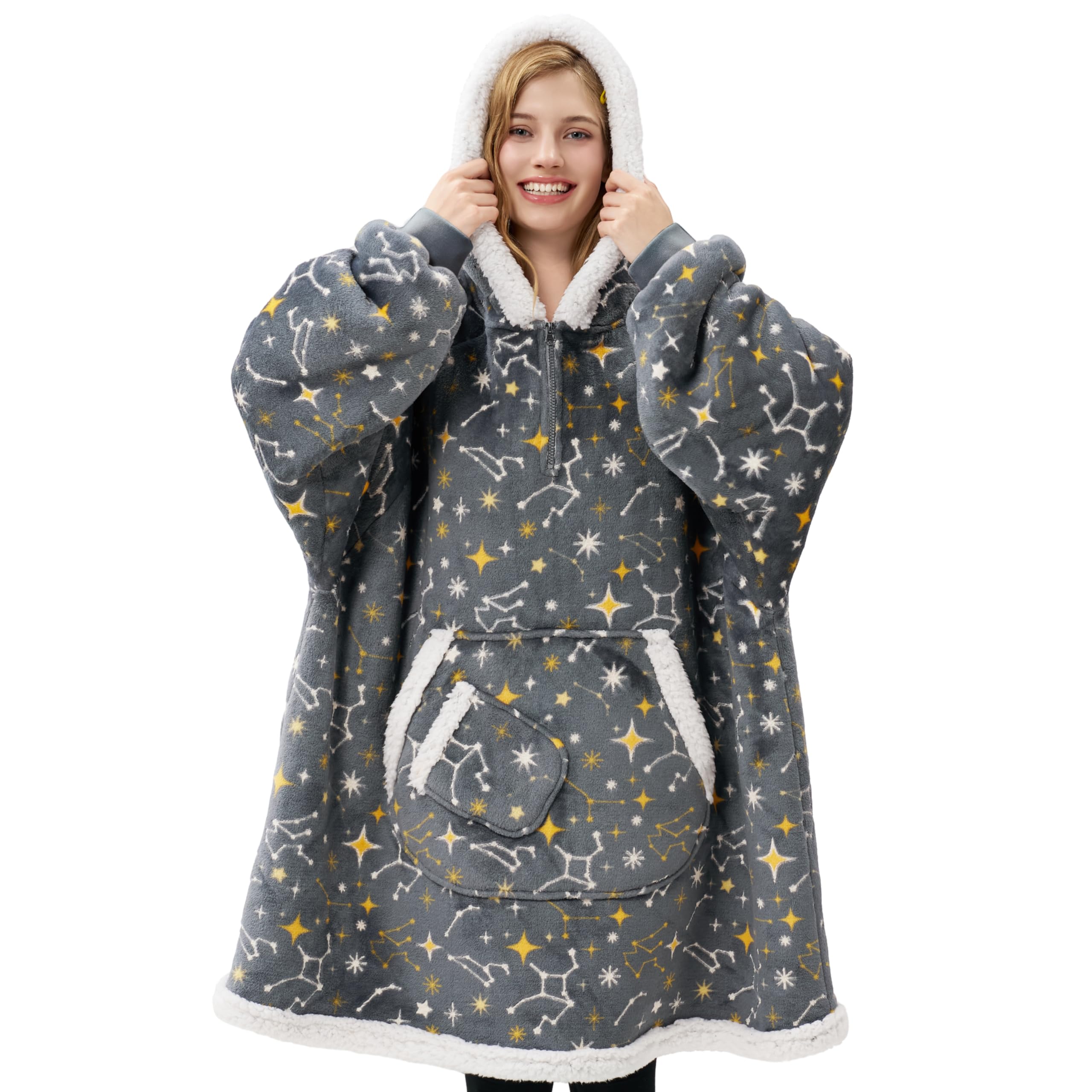 Giggling Getup front view of hooded blanket in grey glowing stars showing full oversized fit