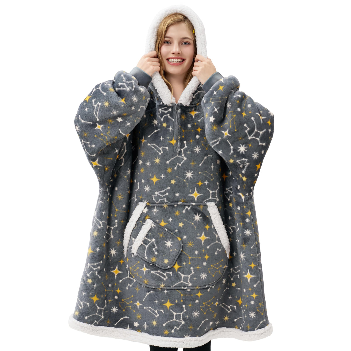 Giggling Getup front view of hooded blanket in grey glowing stars showing full oversized fit