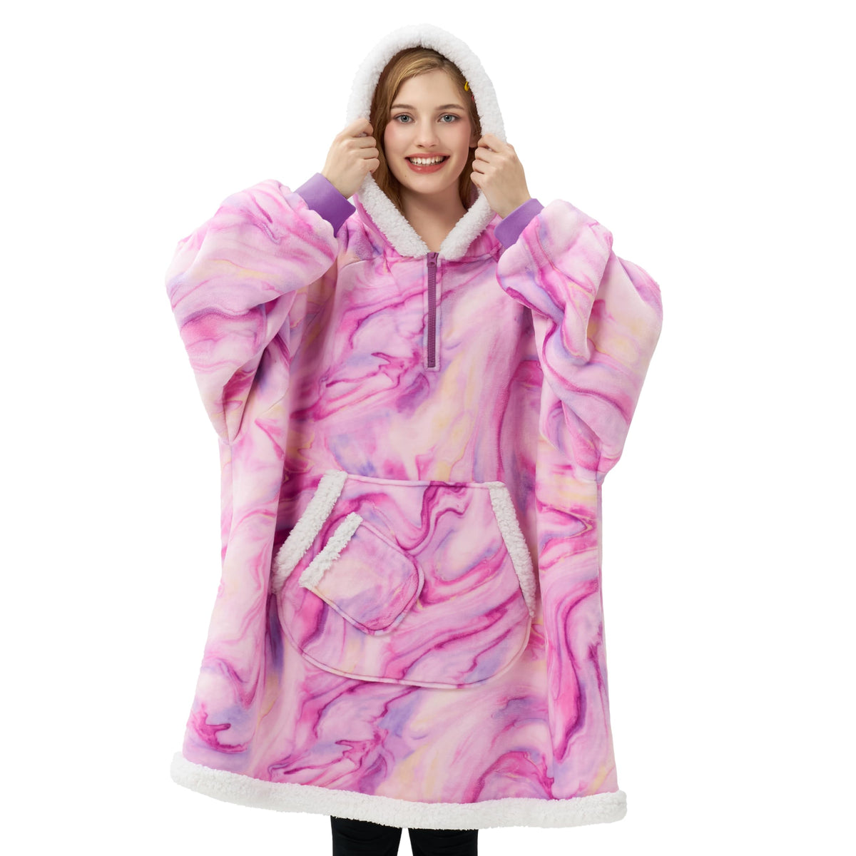 Giggling Getup front view showing oversized hooded blanket with cozy fit