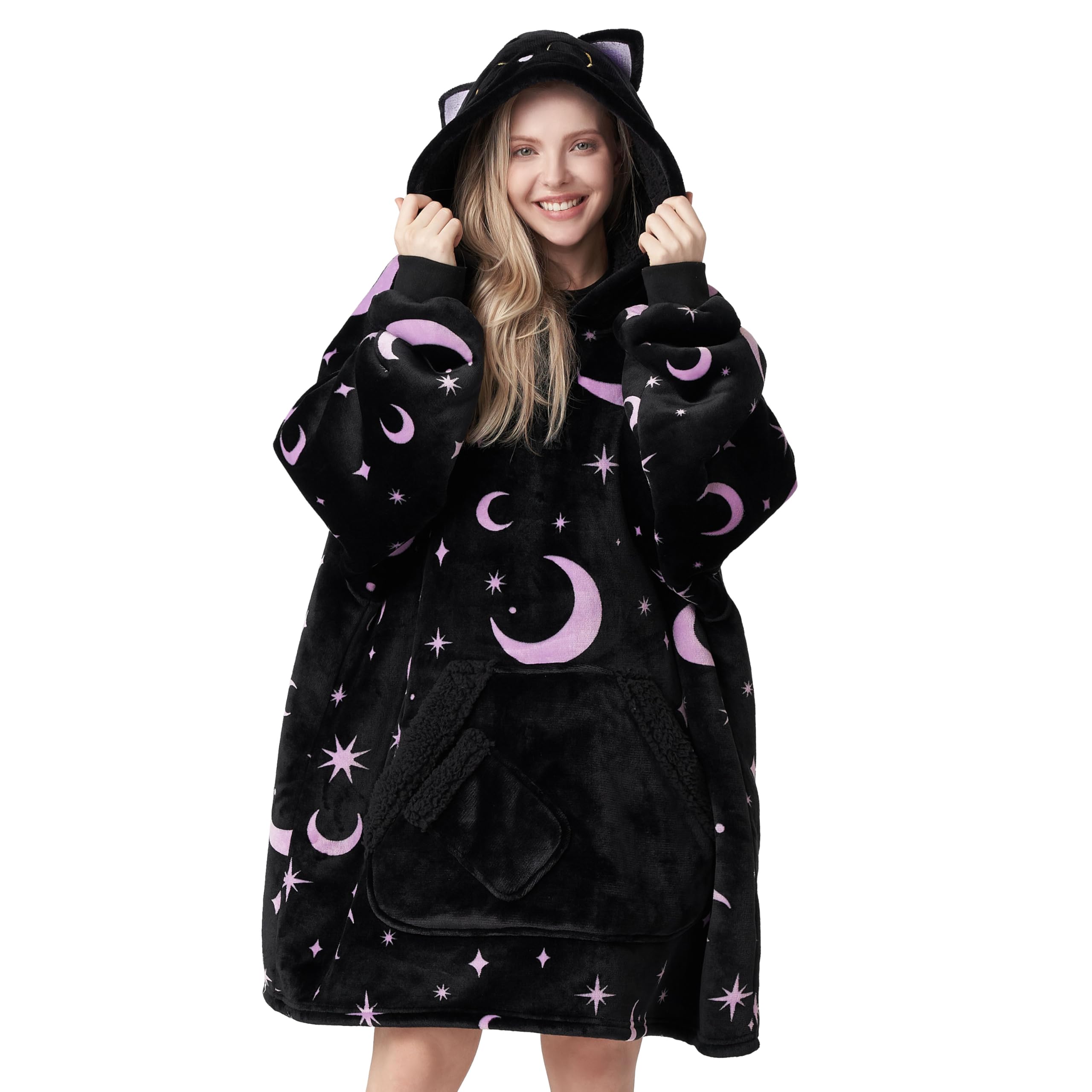 Giggling Getup front view oversized hooded blanket showing roomy fit and giant pocket for comfort