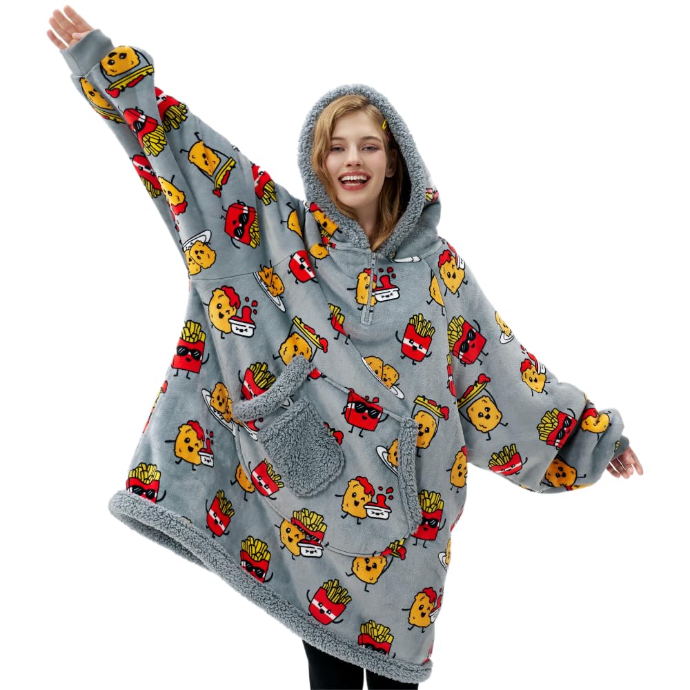 Giggling Getup front view showing grey chicken nuggets print and cozy fit benefits warmth