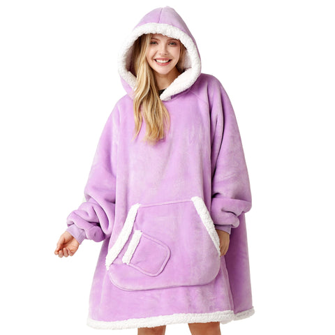 Giggling Getup front view violet hoodie showing oversized fit and cozy look