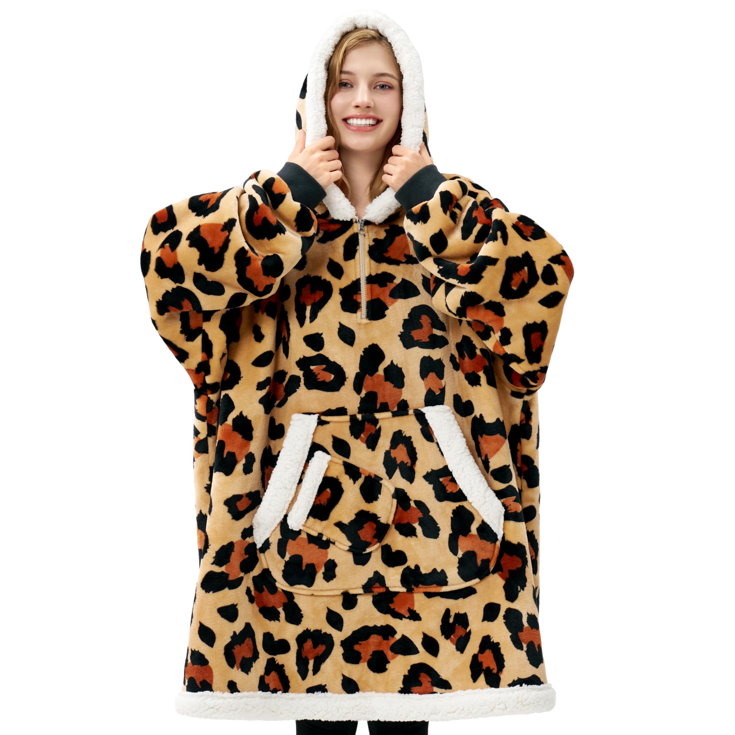 Giggling Getup front view leopard hoodie showing cozy oversized fit and warmth