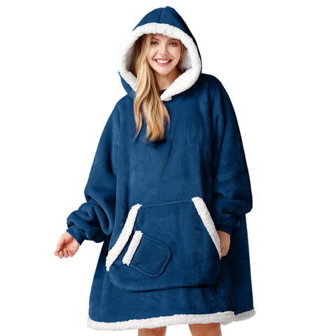 Giggling Getup front view of navy wearable blanket hoodie showing pockets and zipper for cozy convenience