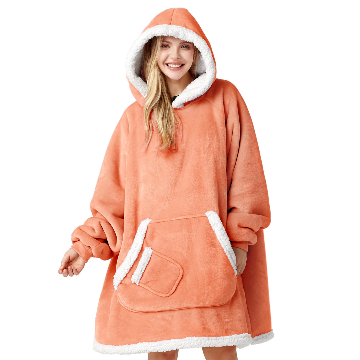 Giggling Getup front view coral hoodie showing cozy coverage and roomy fit