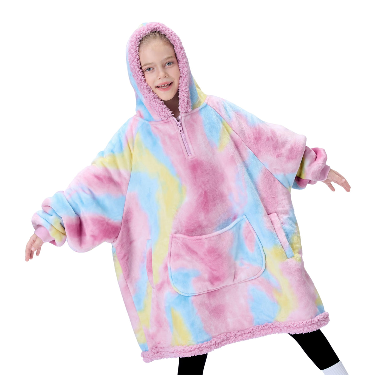 Giggling Getup front view showing oversized cozy fit and fun tie-dye