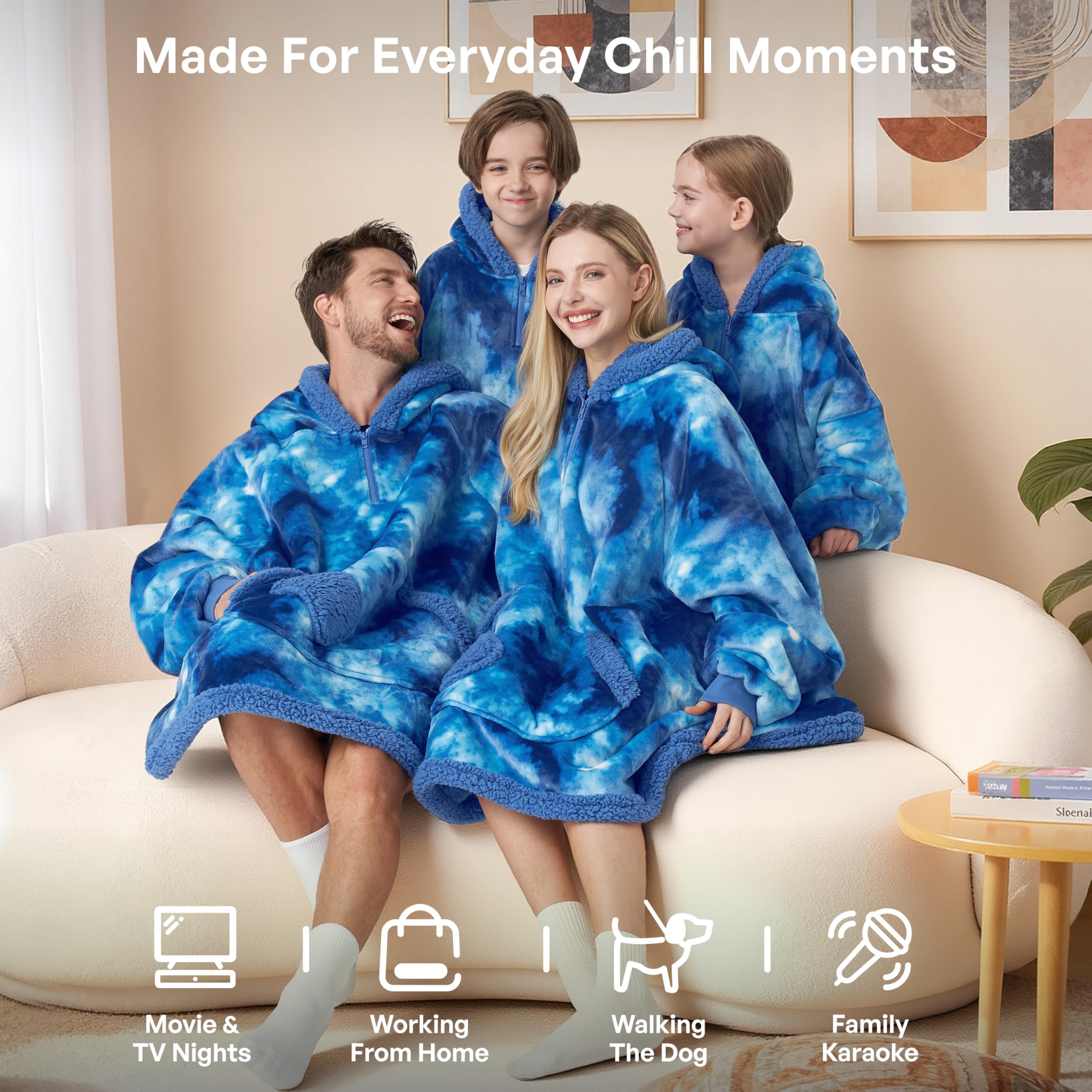 Giggling Getup child wearing hoodie on couch enjoying comfortable lounging