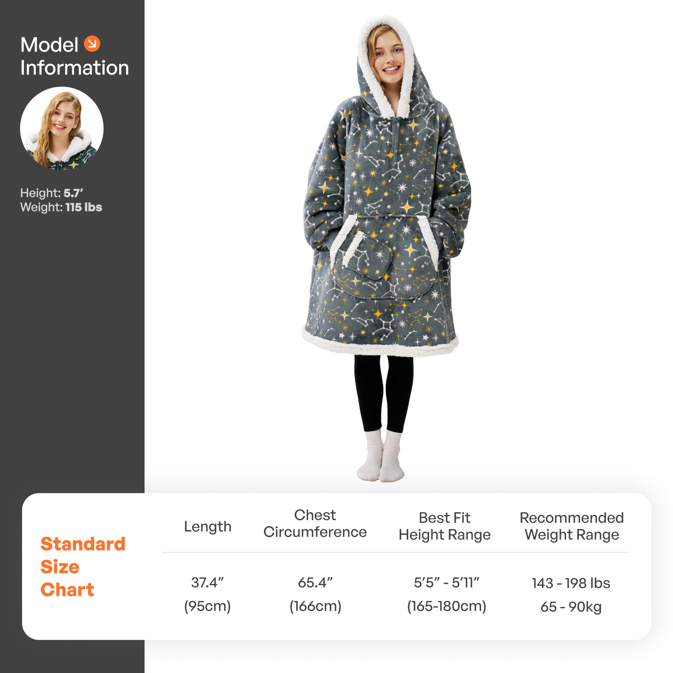 Giggling Getup model wearing blanket on couch illustrating relaxed use and cozy coverage