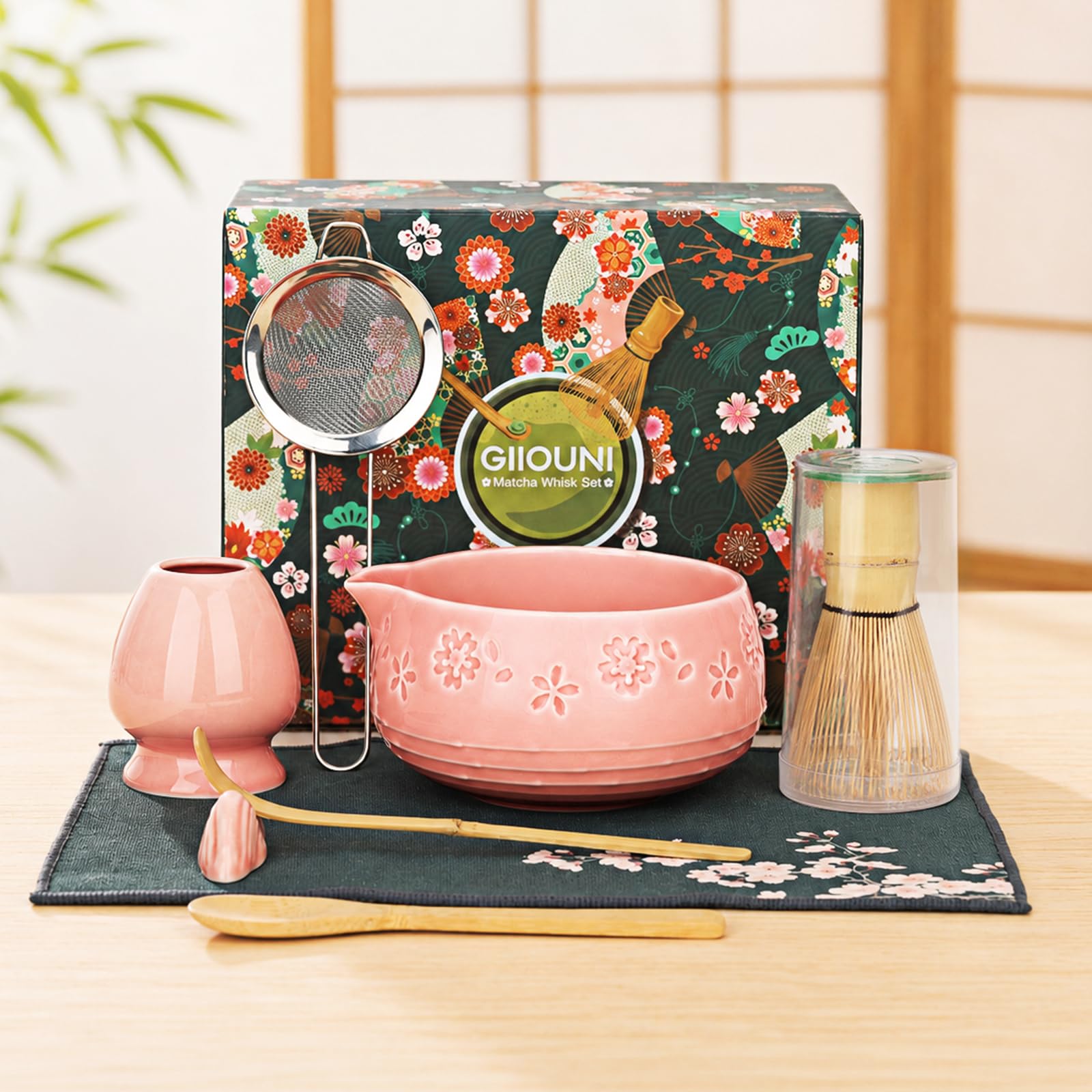 Giiouni front packaging showing full matcha kit, ideal gift presentation