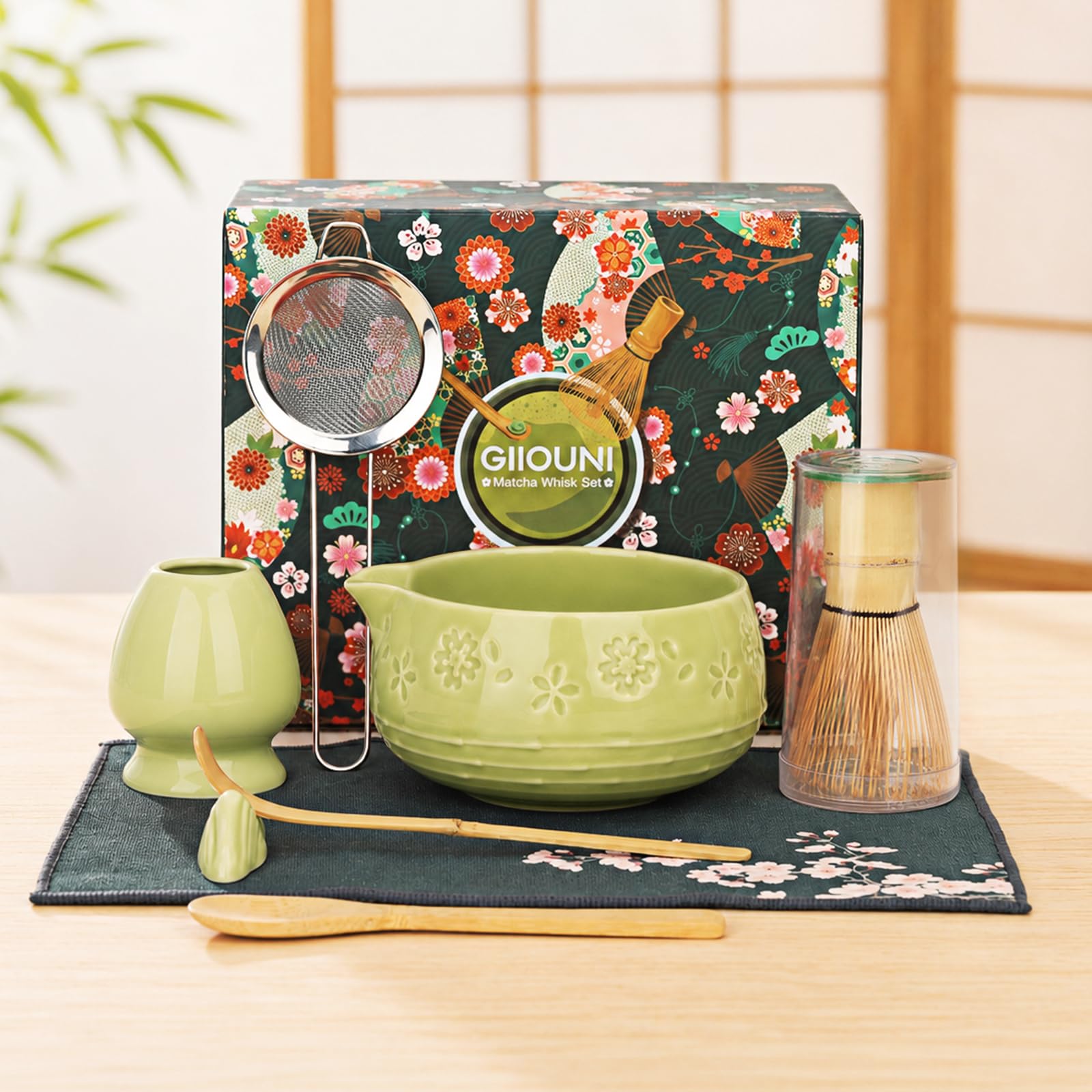 Giiouni front packaging showing full matcha kit and premium presentation