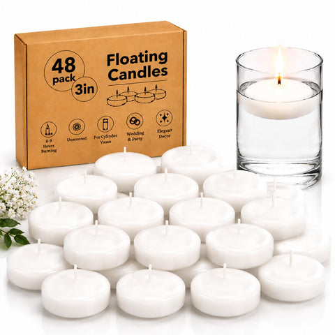 ginitiri front view of white floating candles showing clean design and ambiance