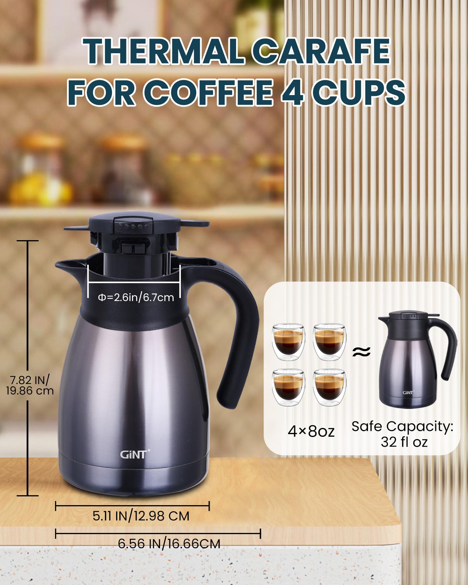 GiNT carafe pouring with single‑hand push button offering drip‑free serving