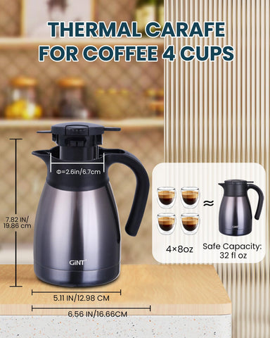 GiNT carafe pouring with single‑hand push button offering drip‑free serving
