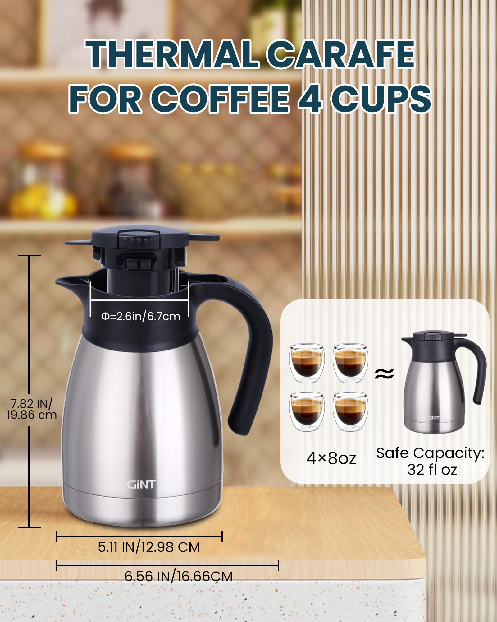 GiNT carafe pouring action with one-hand push-button enabling drip-free serving