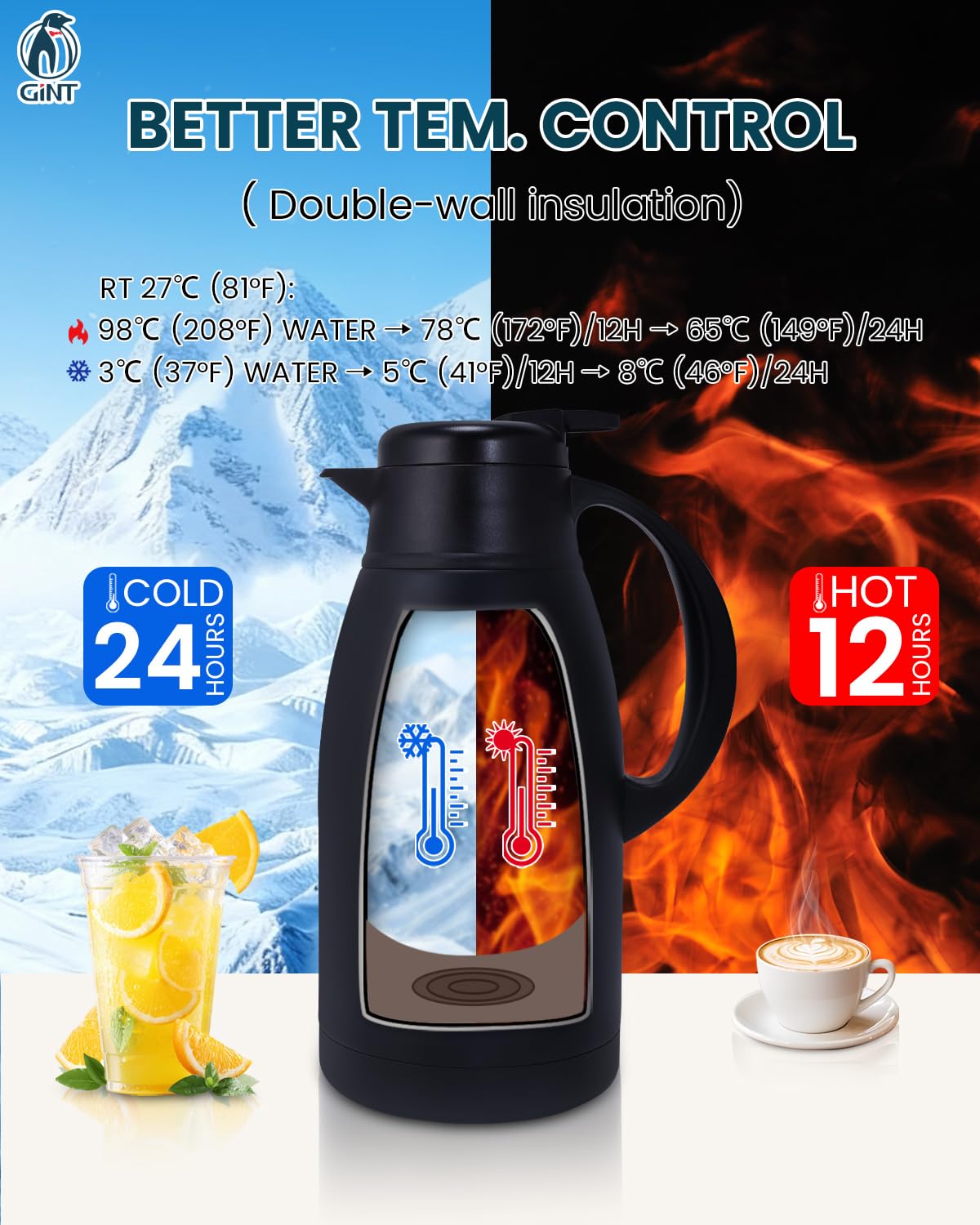 GiNT carafe pouring action with single-hand pour for mess-free serving