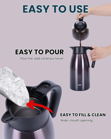 GiNT carafe next to measuring cup showing true 64oz/1.9L capacity for fewer refills