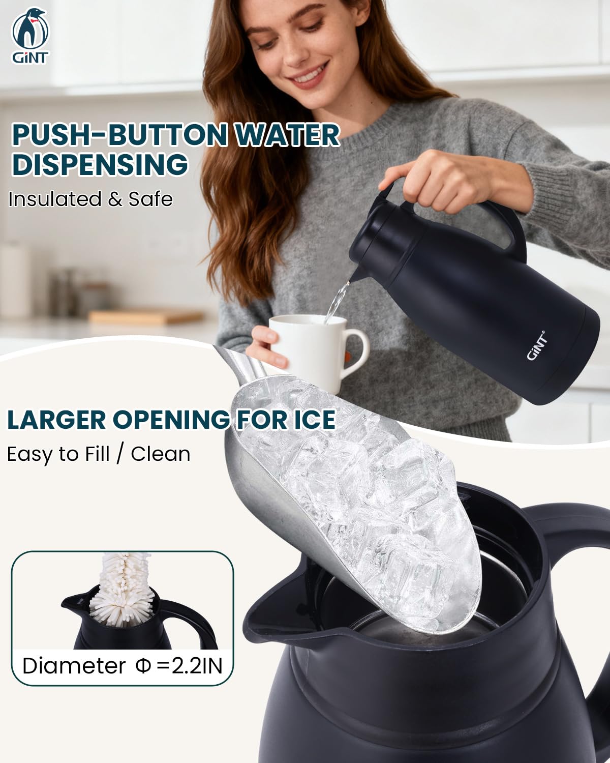 GiNT carafe next to a cup showing 65oz capacity for group servings