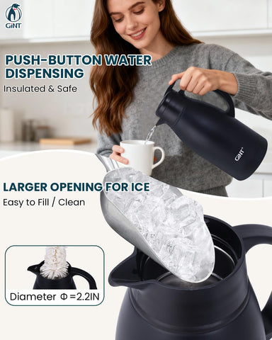 GiNT carafe next to a cup showing 65oz capacity for group servings
