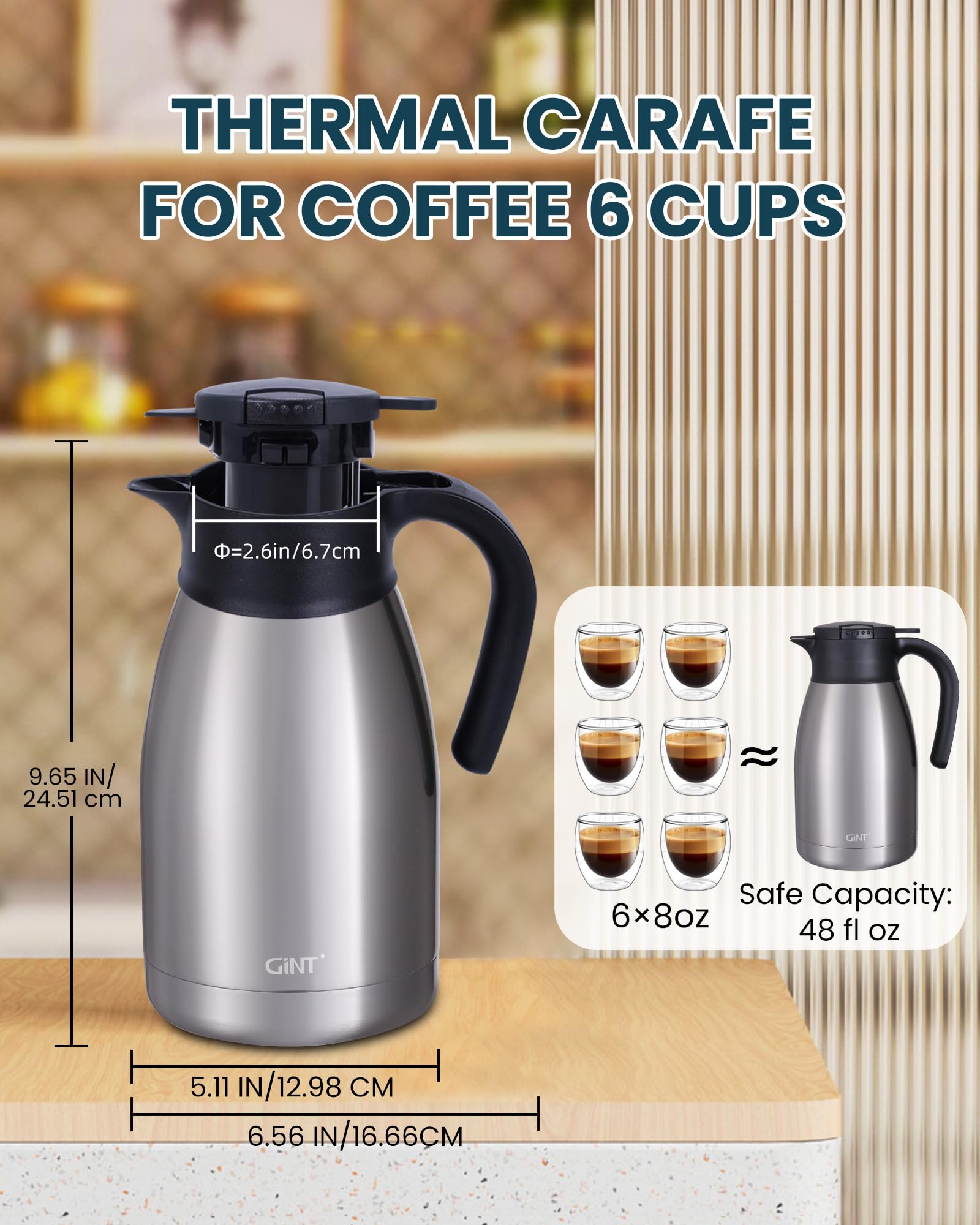 GiNT carafe next to cups showing 1.5L size and group serving benefit