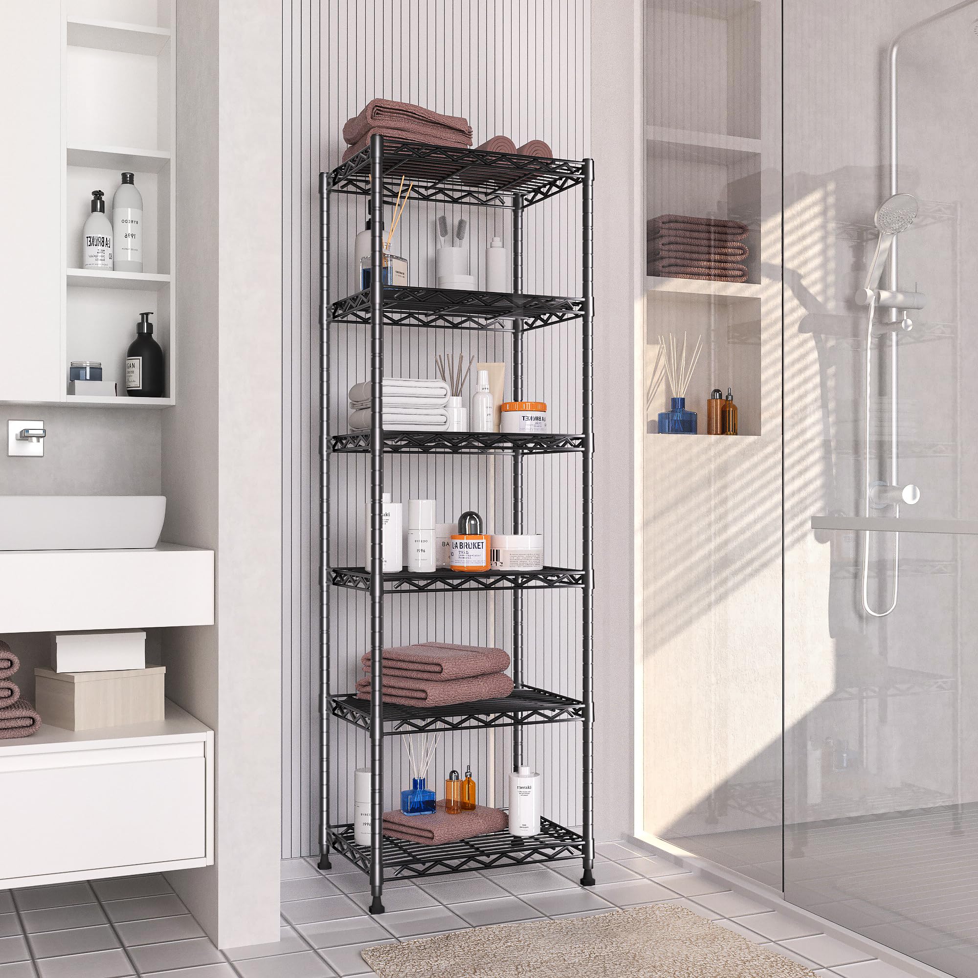 GIOTORENT detail of adjustable clip on pole showing customizable shelf heights benefit