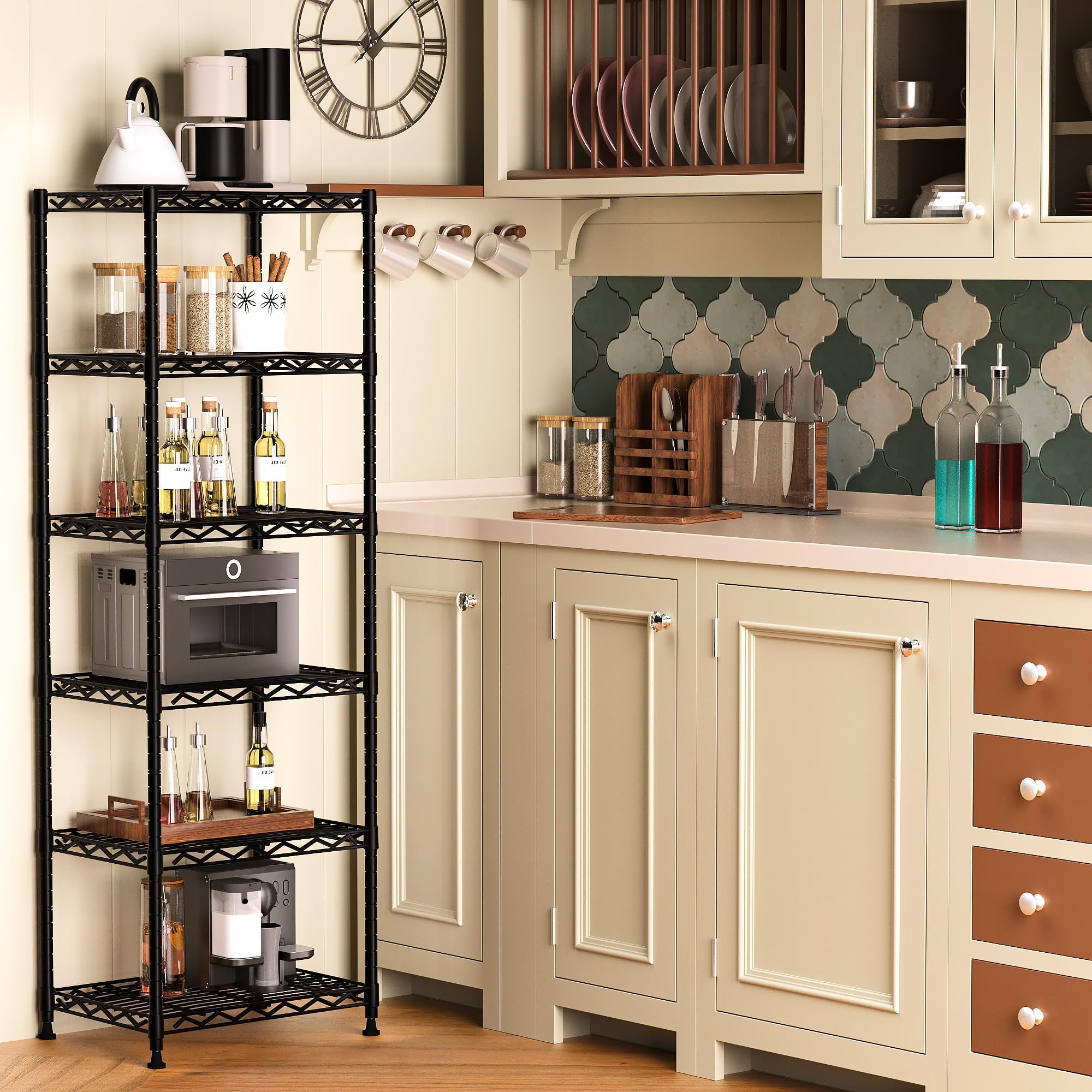 GIOTORENT shelving tucked into pantry corner maximizing narrow space with organized goods benefit