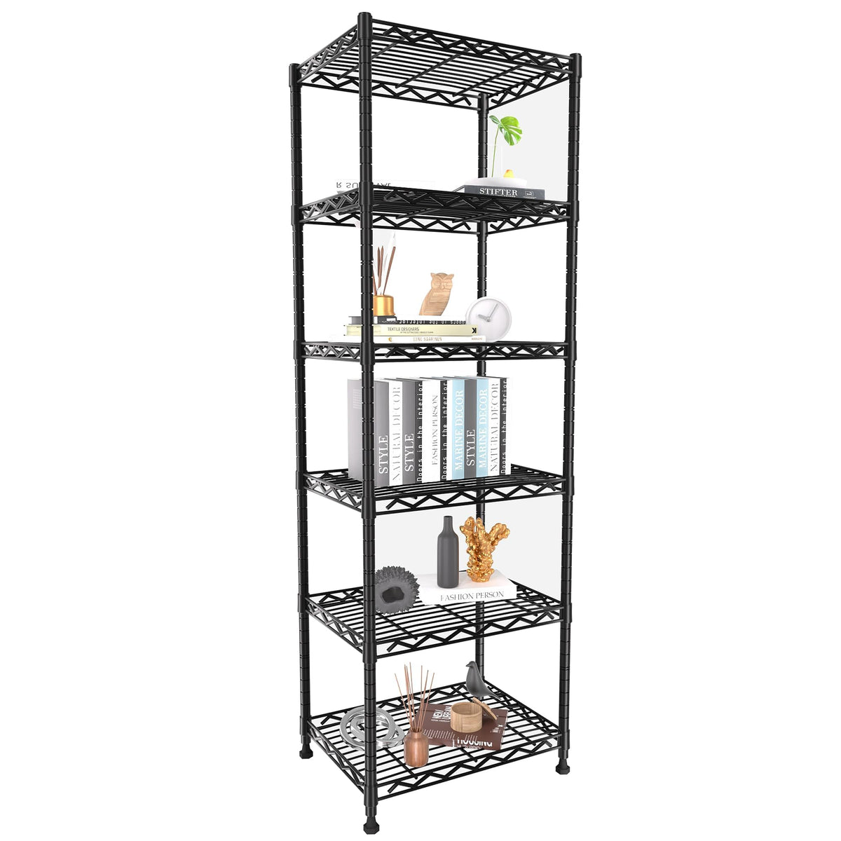 GIOTORENT front view of black shelving unit showing compact footprint and tidy storage benefit