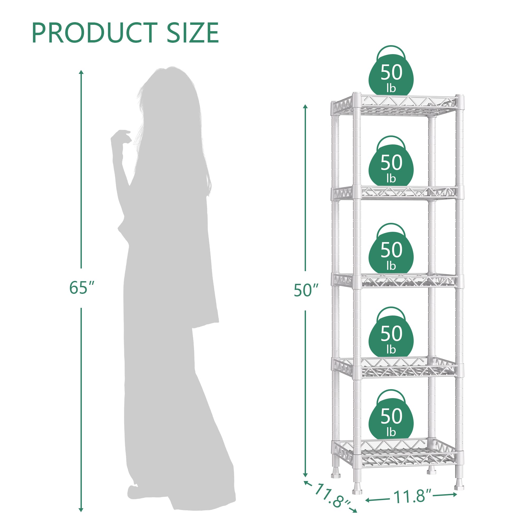 GIOTORENT weight demo with storage baskets illustrating 50 lb shelf capacity