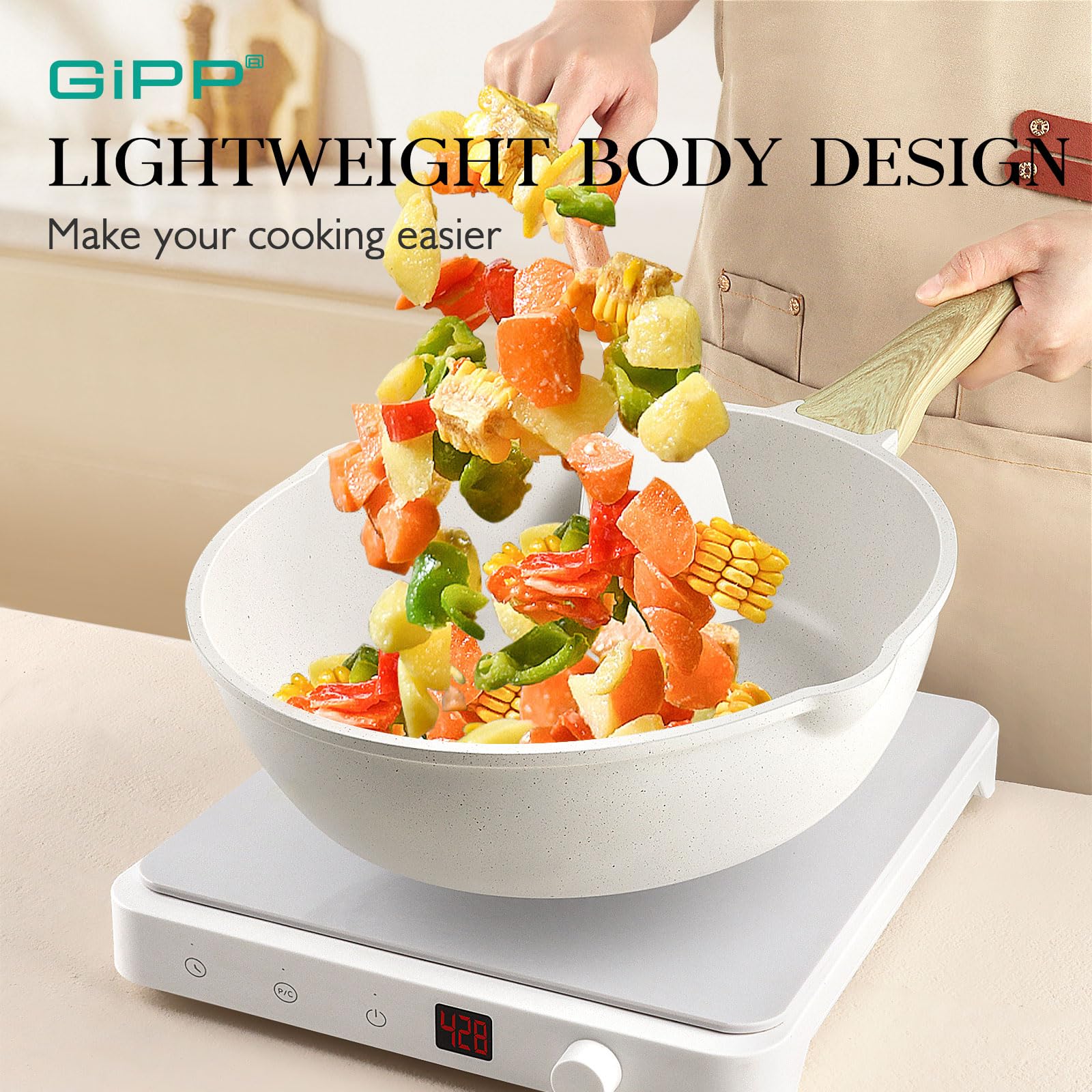 GiPP casserole on stovetop in use demonstrating stovetop-to-table convenience
