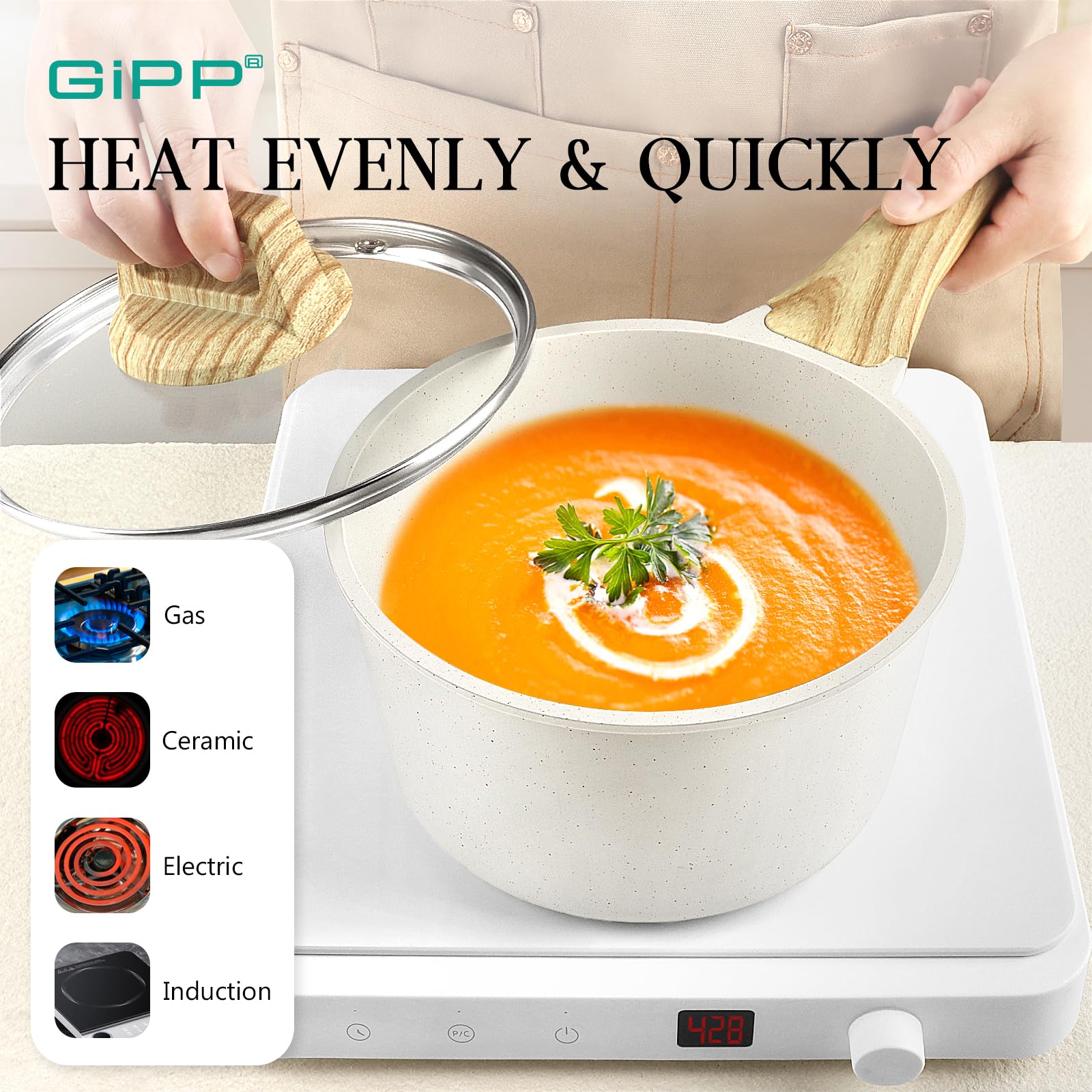 GiPP saucepan with lid side profile showing snug fit and even heating