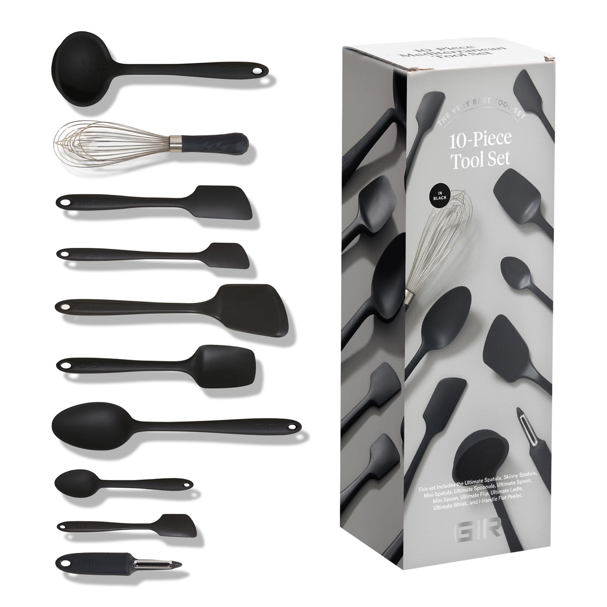 GIR front view of the full set showing all 10 black silicone utensils for organized cooking