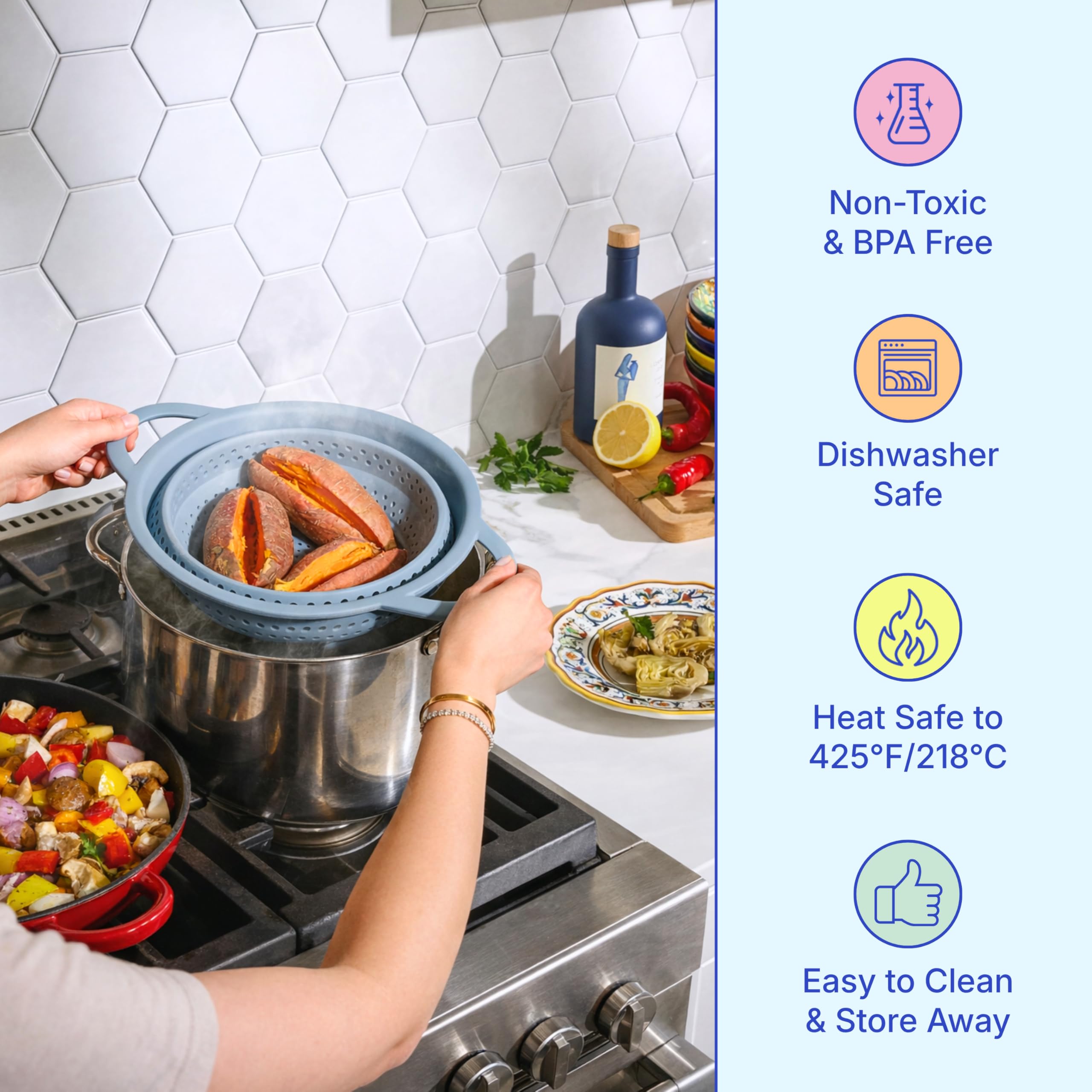 GIR colander draining pasta with no wobble benefit safe, stable pouring