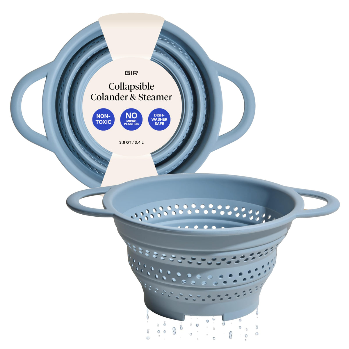 GIR collapsible colander front view showing sturdy rim and handles benefit stability