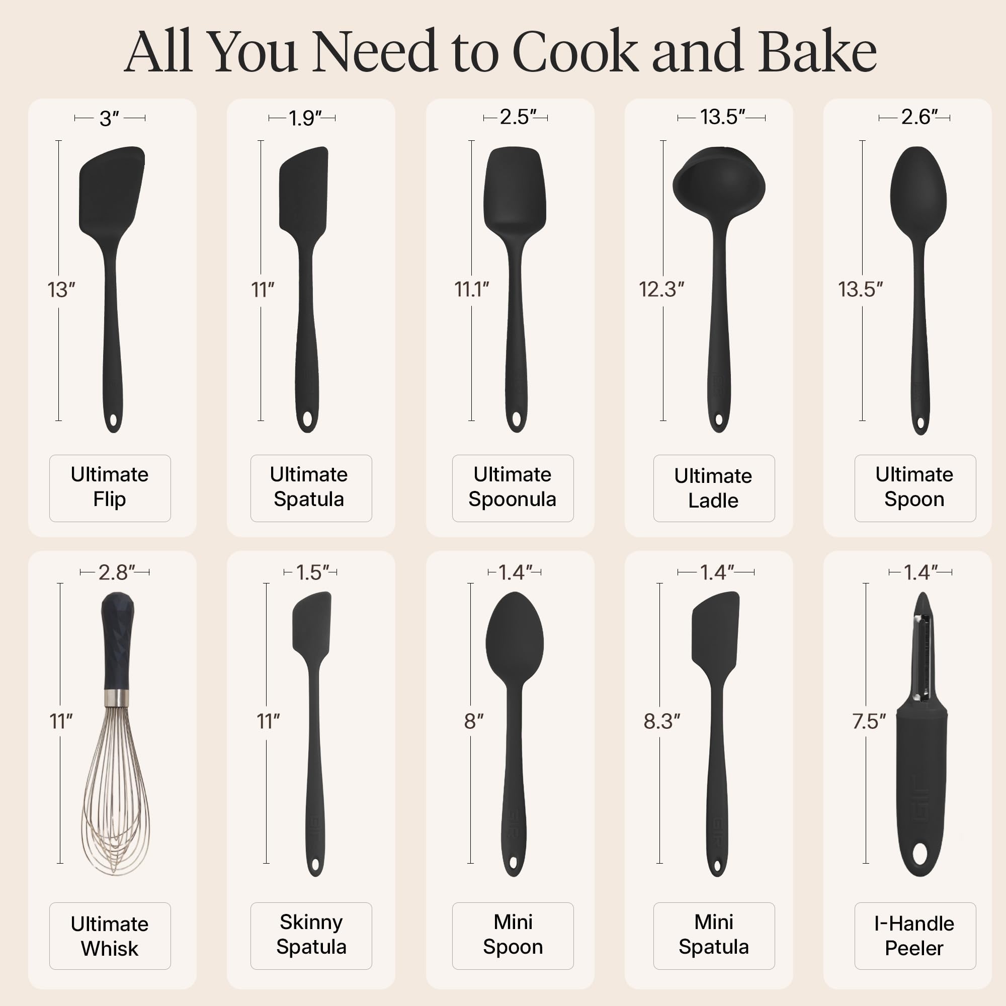 GIR sized comparison of utensils laid flat to show length variety and task versatility