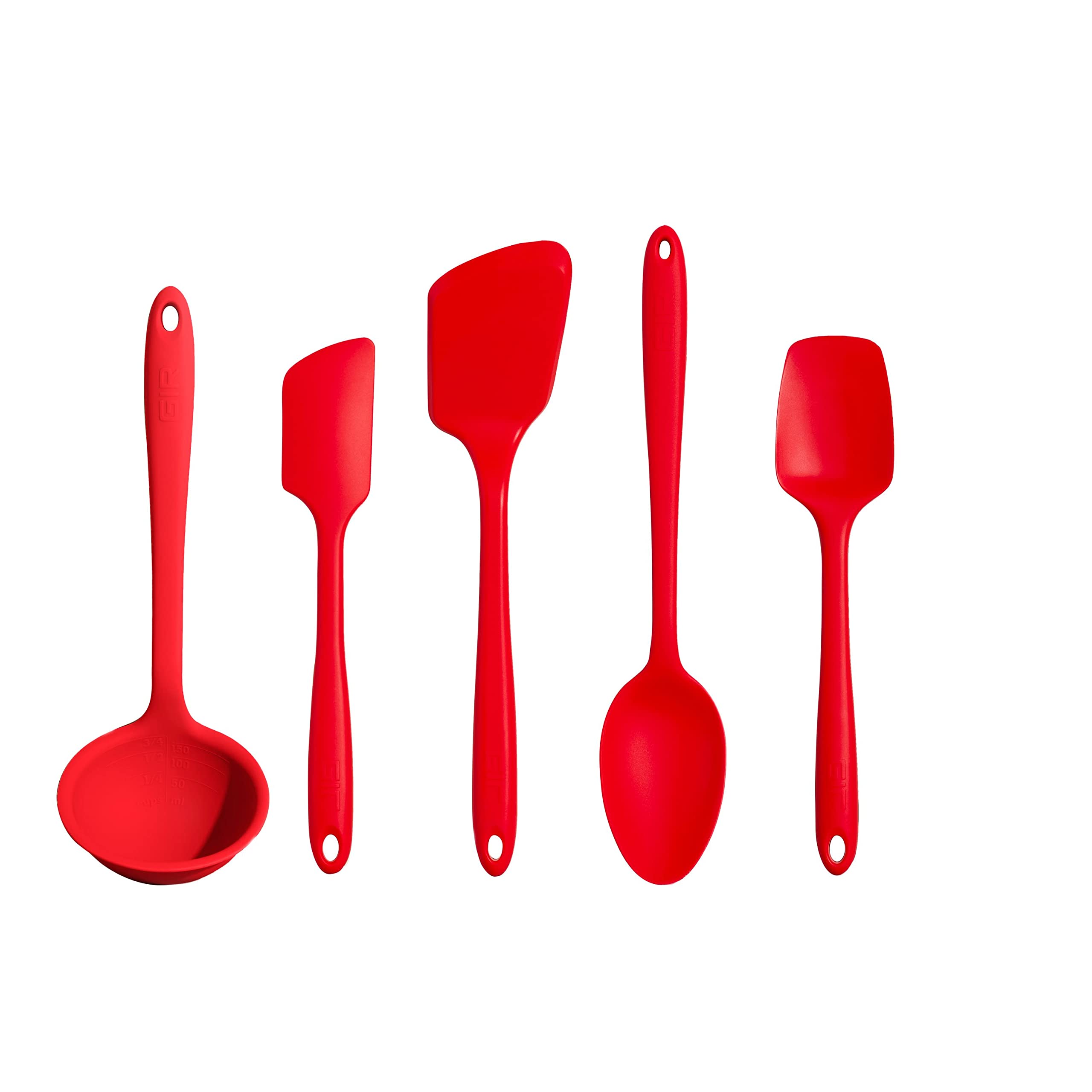 GIR front view of red five-piece set showing all utensils and benefits of coordination