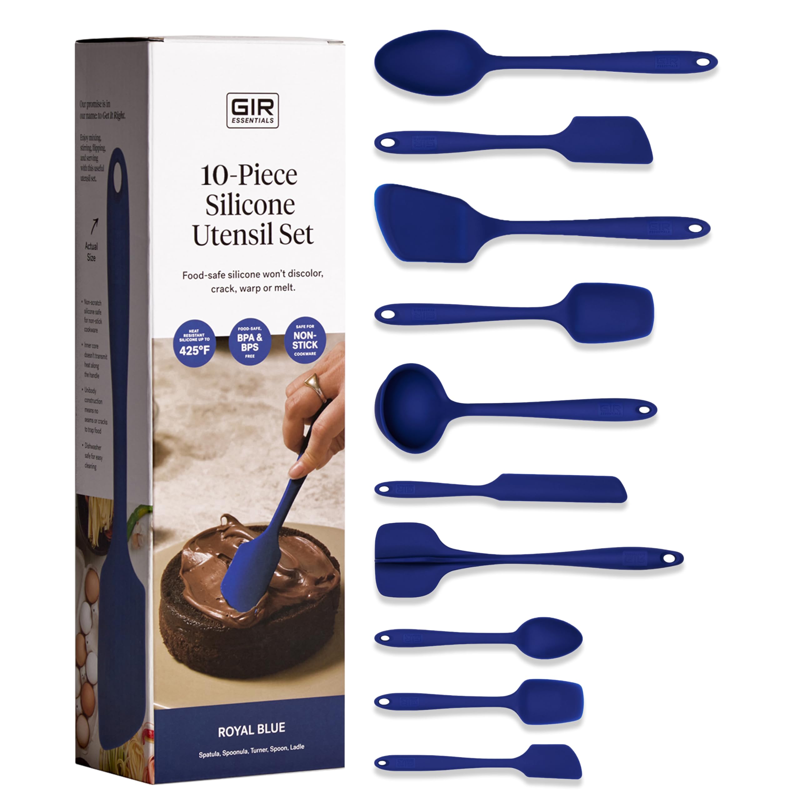 GIR royal blue front packaging showing the full 10-piece utensil set for easy kitchen organization