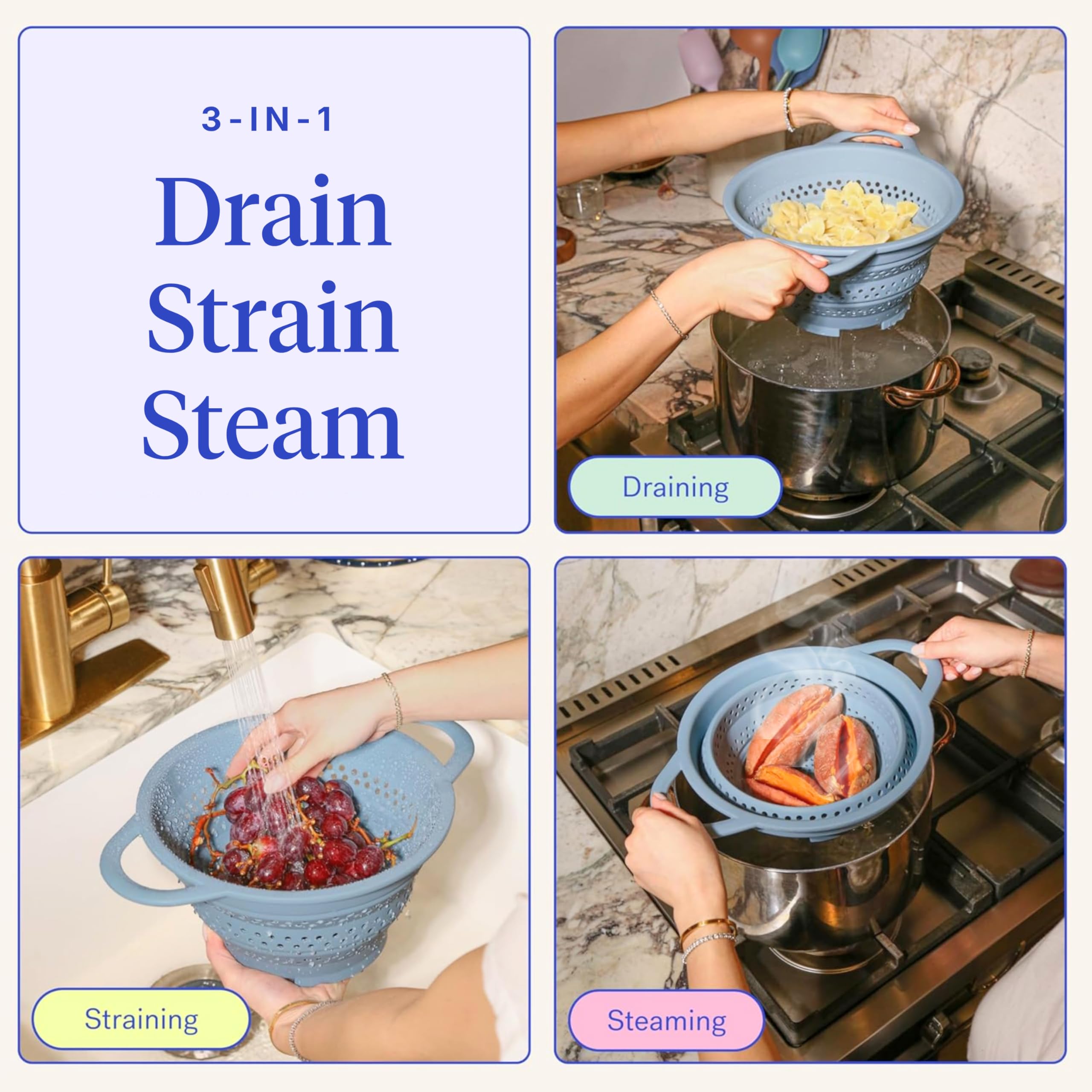 GIR silicone strainer close-up texture showing smooth surface for easy cleaning
