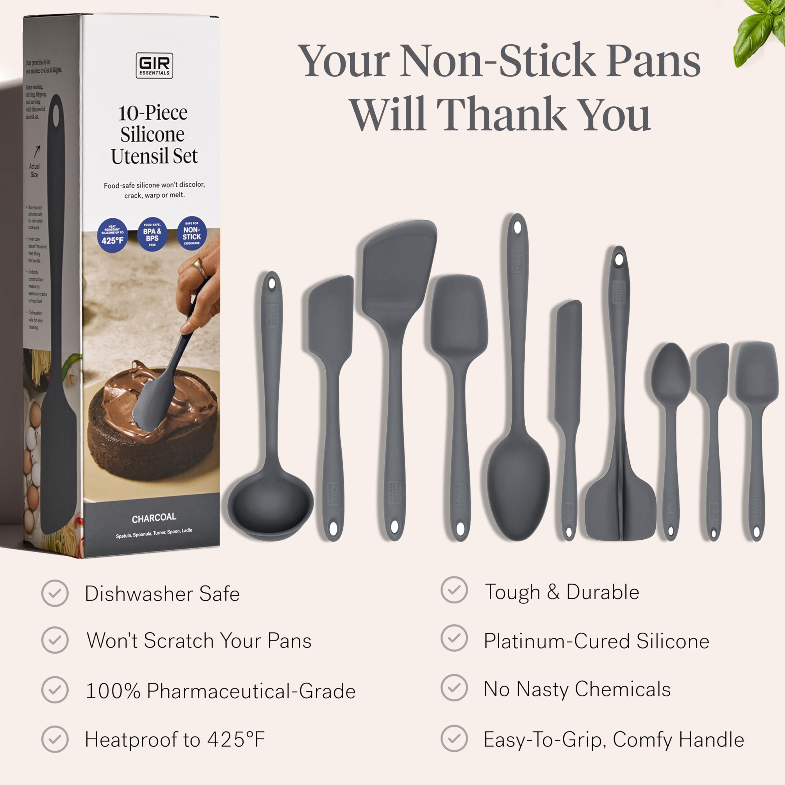GIR spatula and turner in nonstick pan demonstrating gentle use and scratch protection