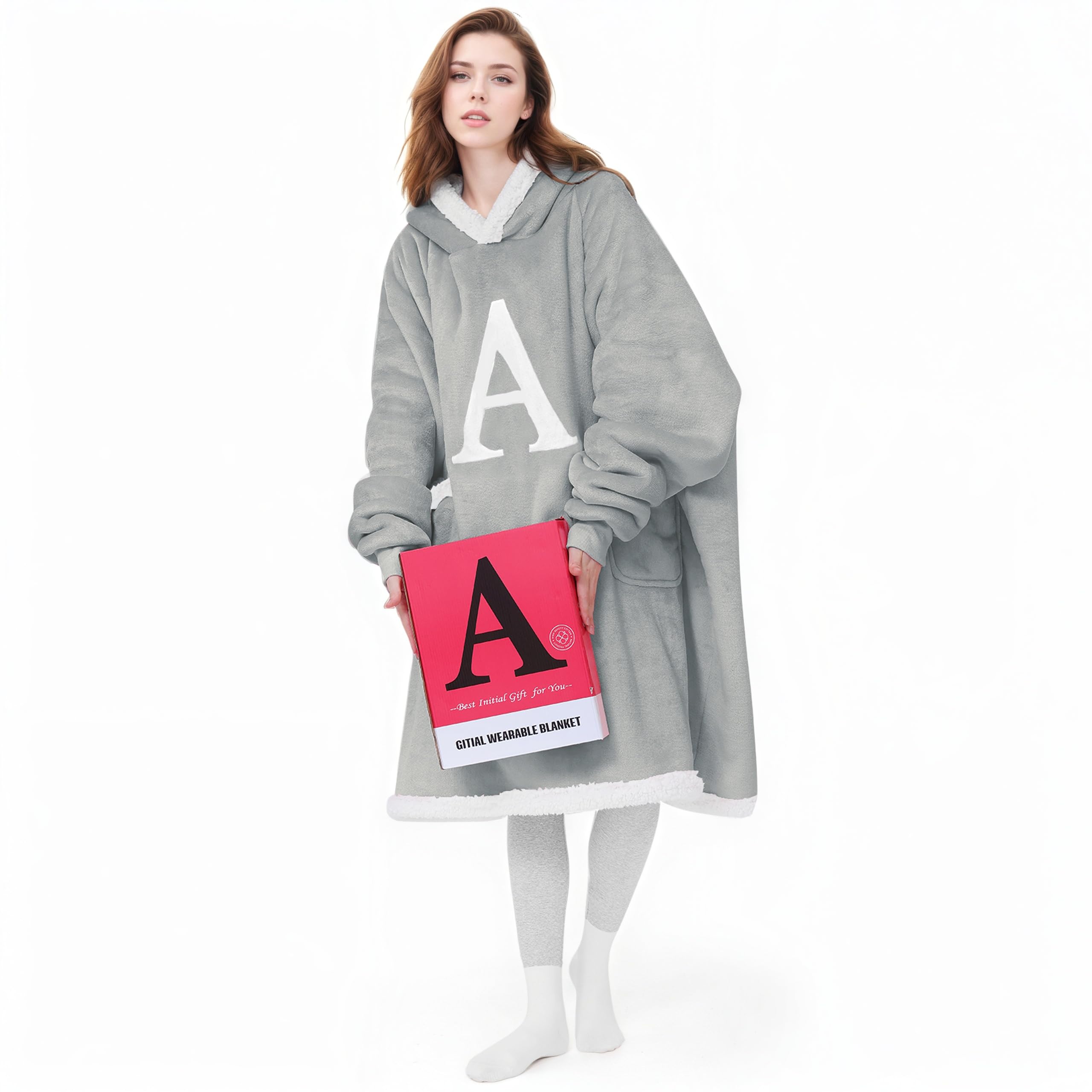 GITIAL front view of grey wearable blanket hoodie showing oversized fit and comfort
