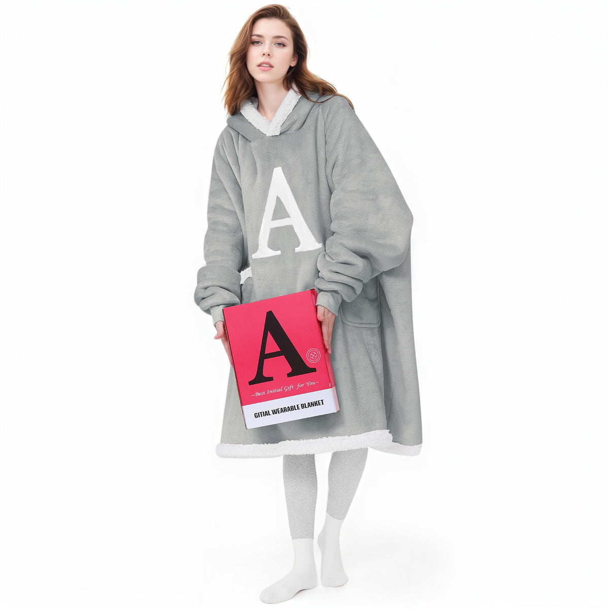 GITIAL front view of grey wearable blanket hoodie showing oversized fit and comfort