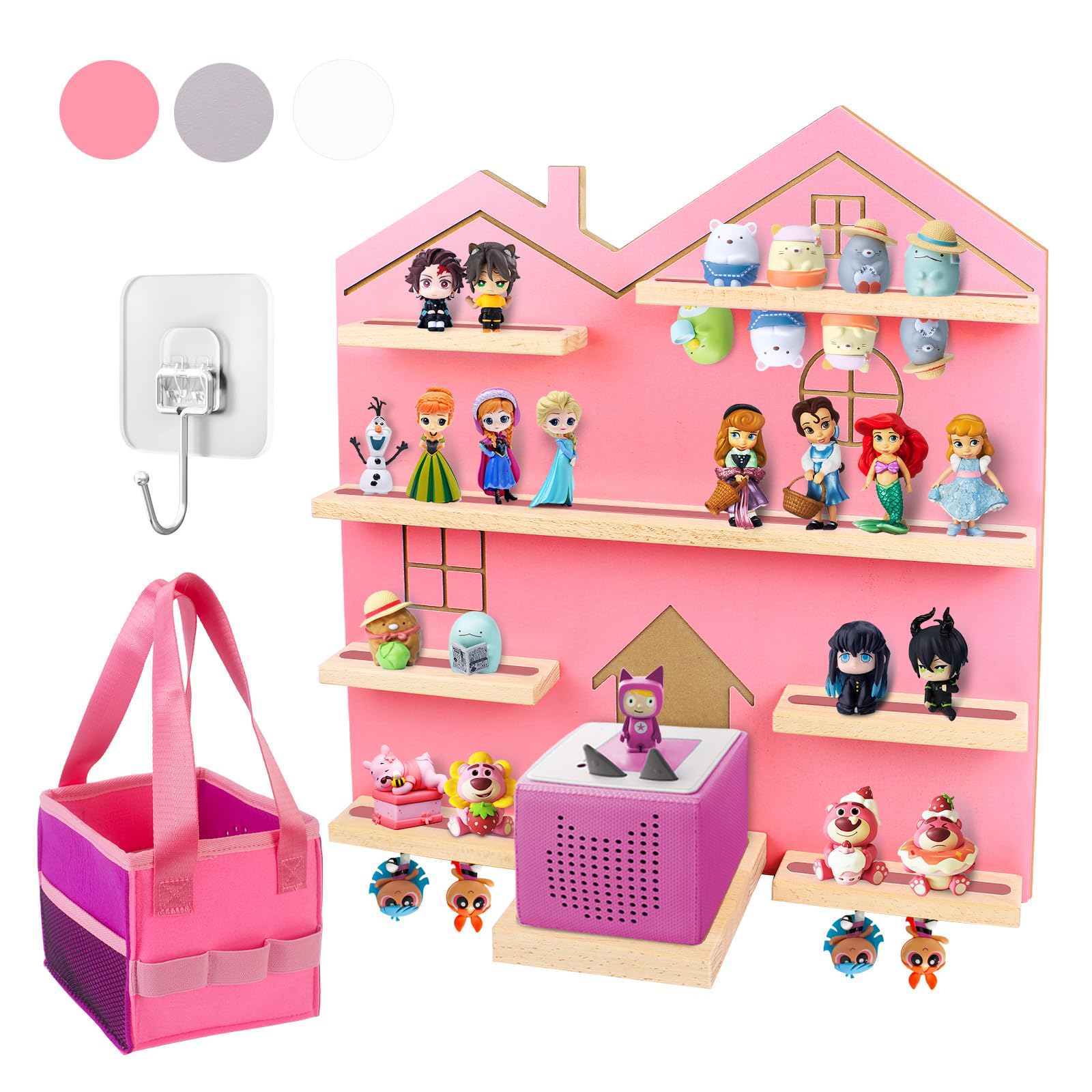 Givilio front view pink Tonie shelf showing neat display and storage benefit