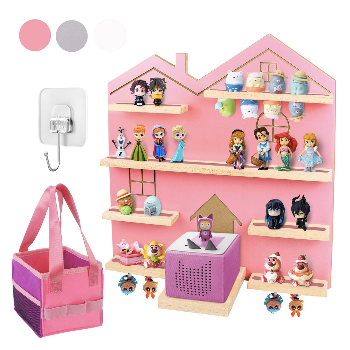 Givilio front view pink Tonie shelf showing neat display and storage benefit