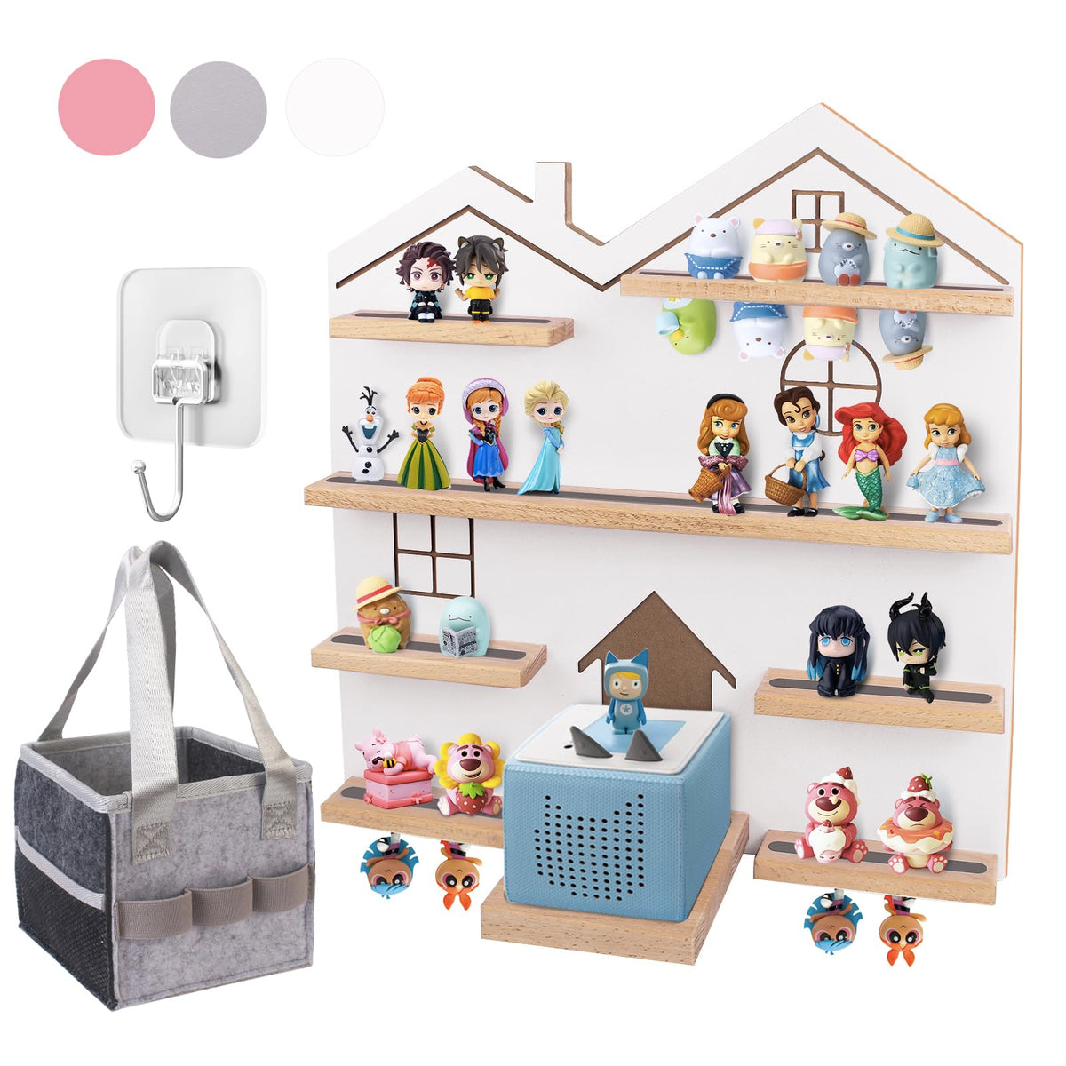 Givilio shelf front view showing organized Toniebox display and tidy storage benefit