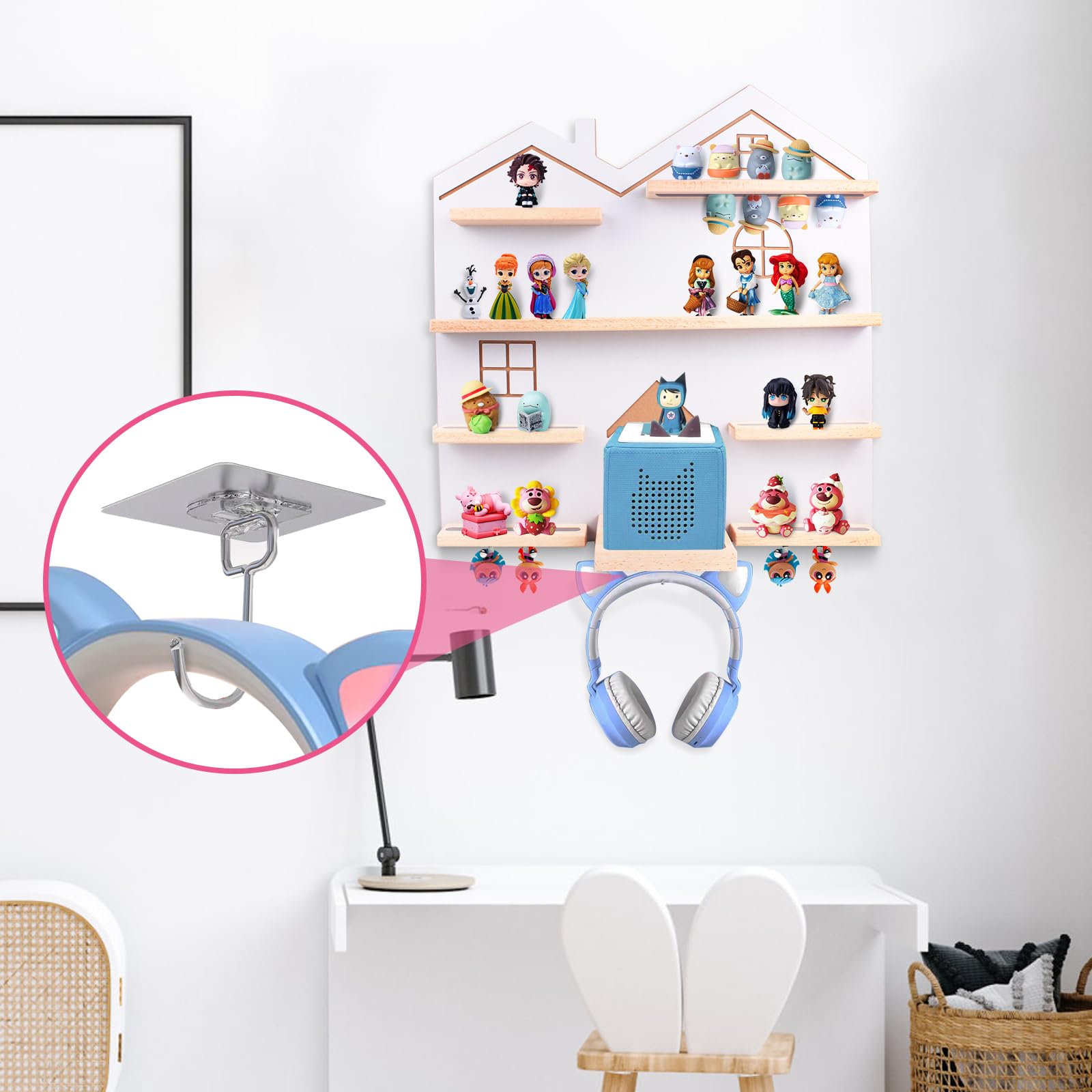 Givilio shelf showing hook and bag pocket for chargers and carrying bag convenience