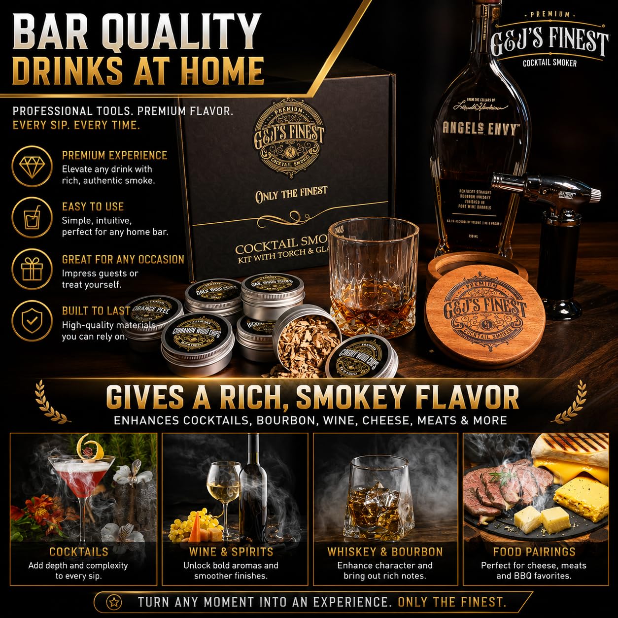 G & J's Finest six wood chip flavors displayed for taste pairing
