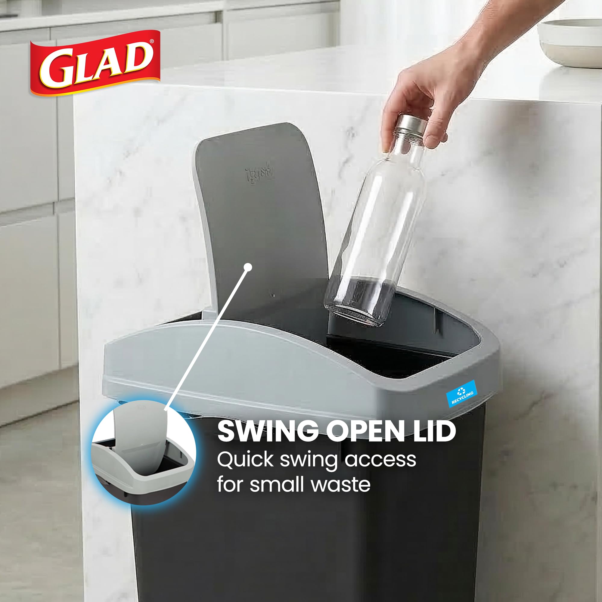 Glad bin with lid in upright stay-open position enabling hands-free disposal