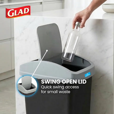 Glad bin with lid in upright stay-open position enabling hands-free disposal