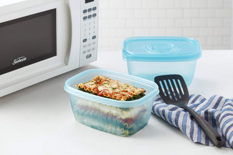 Glad vented lid in microwave illustrating safe reheating from frozen