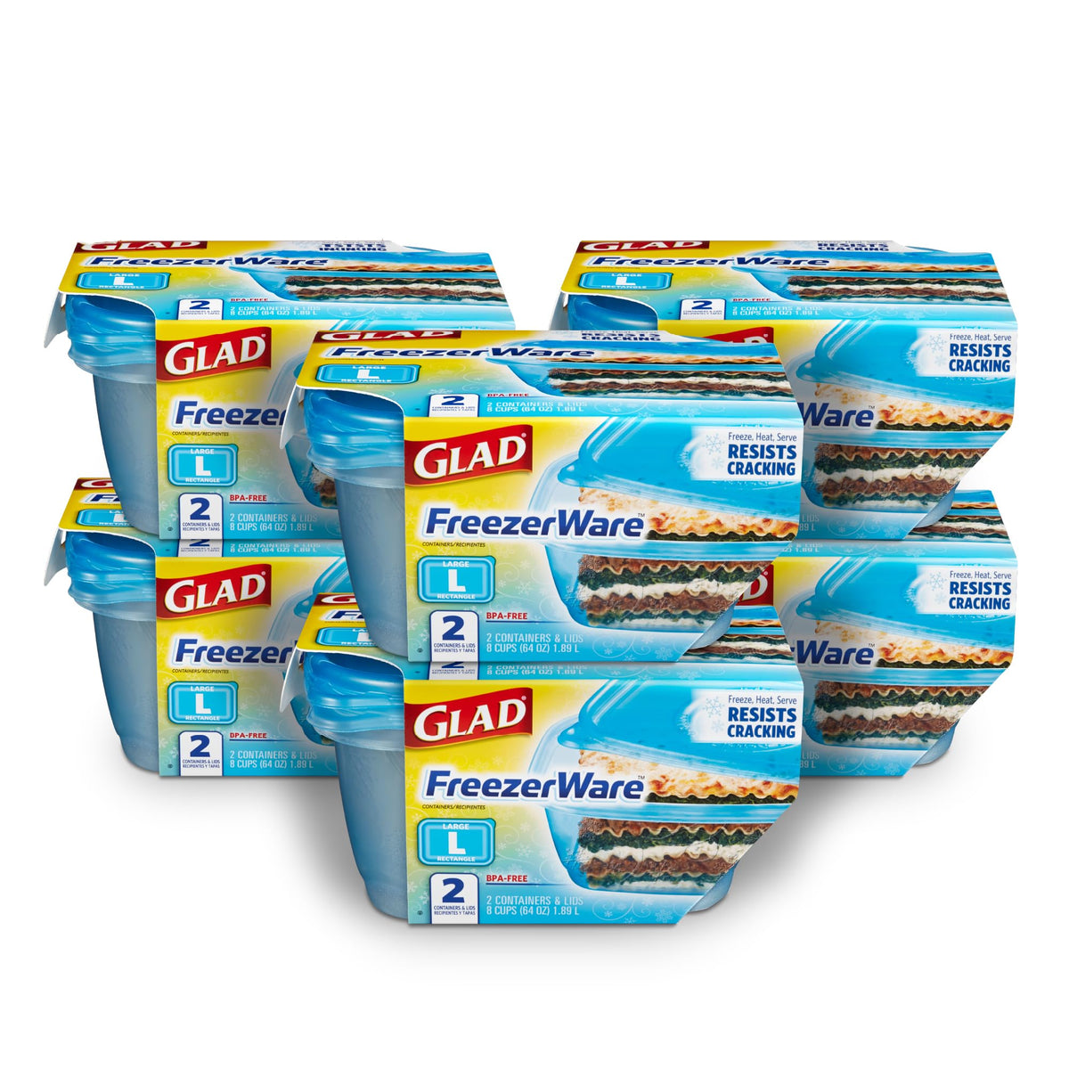 Glad front packaging showing 64 oz large rectangle containers and contents