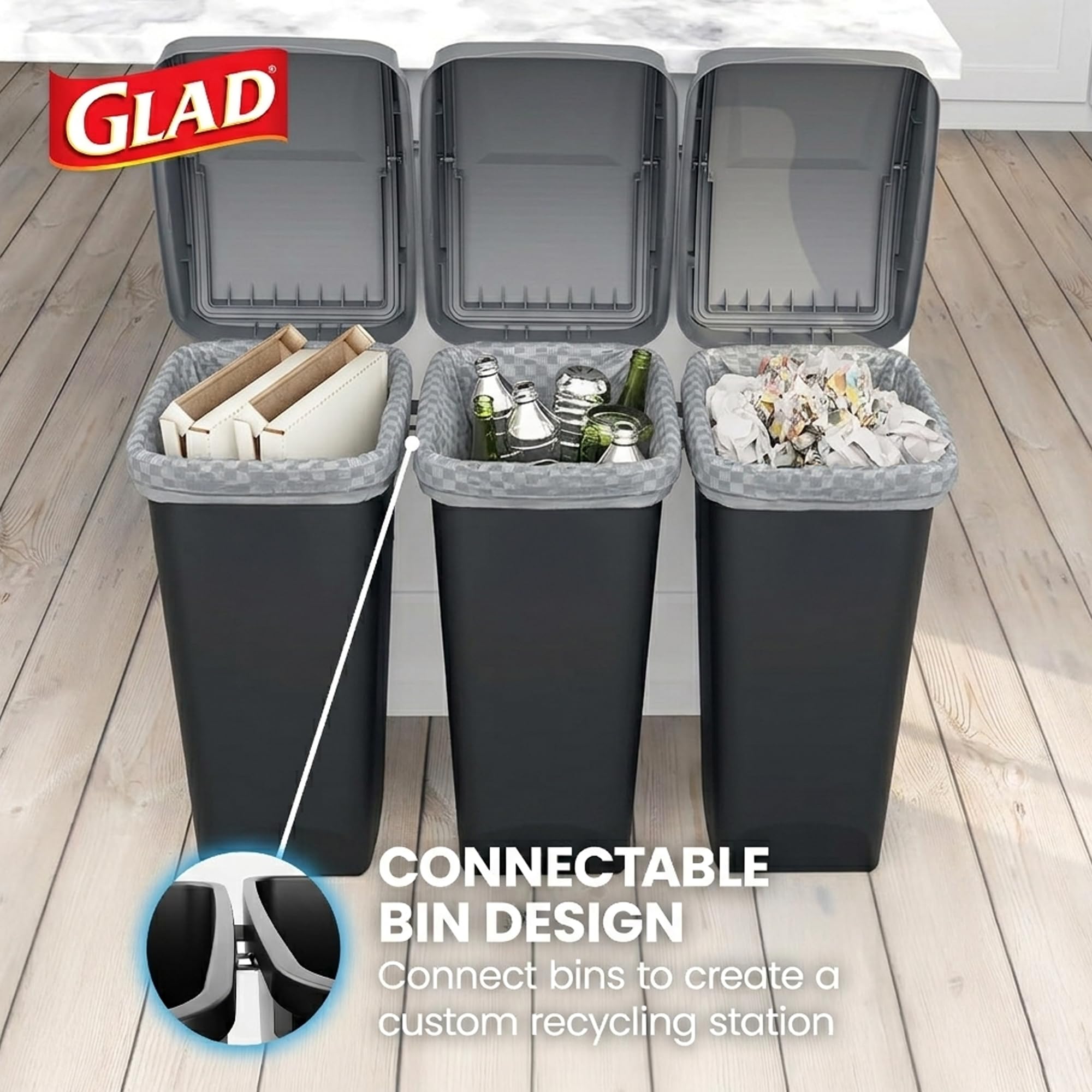 Glad side profile with visible trash bag showing easy bag installation